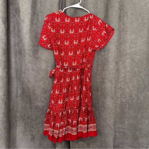 Boho Wrap Dress Red Floral V-Neck Flutter Sleeve Ruffle Hem Cottagecore S FLOWY - Picture 10 of 13